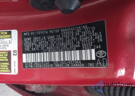 2010 Toyota Corolla Le из США, поврежденный, VIN 2T1BU4EE4AC535736